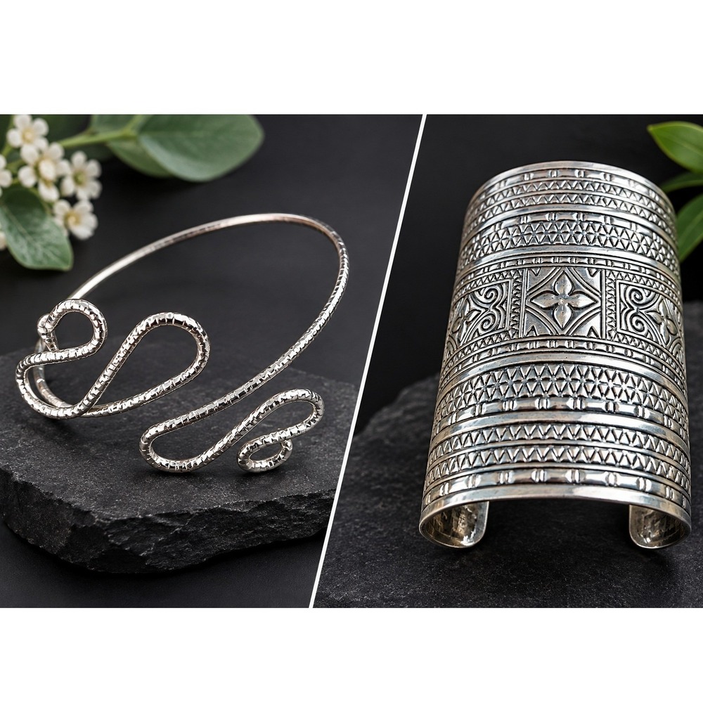 Silver Arm Cuff Set 2pc Boho Tribal Etched Wide Statement & Swirl Wire Cuffs